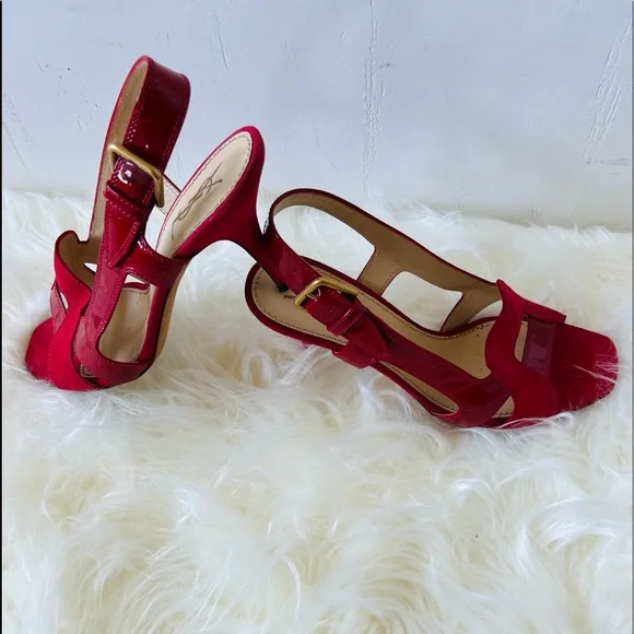 RED YSL Patten Leather & Suede mix high heels sandals. Open Toe, Slingback - Picture 7 of 16